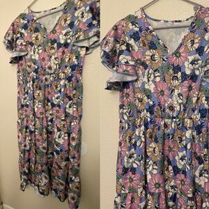 Floral print boho tiered v neck ruffle flutter sleeve purple Maxi summer Dress L